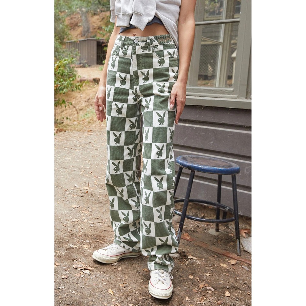 PlayBoy Game Of Bunnies Corduroy Green Checkered 90's Boyfriend Jeans Sz 27